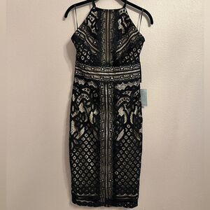 Lulus Black lace midi strappy back halter dress with lining size small